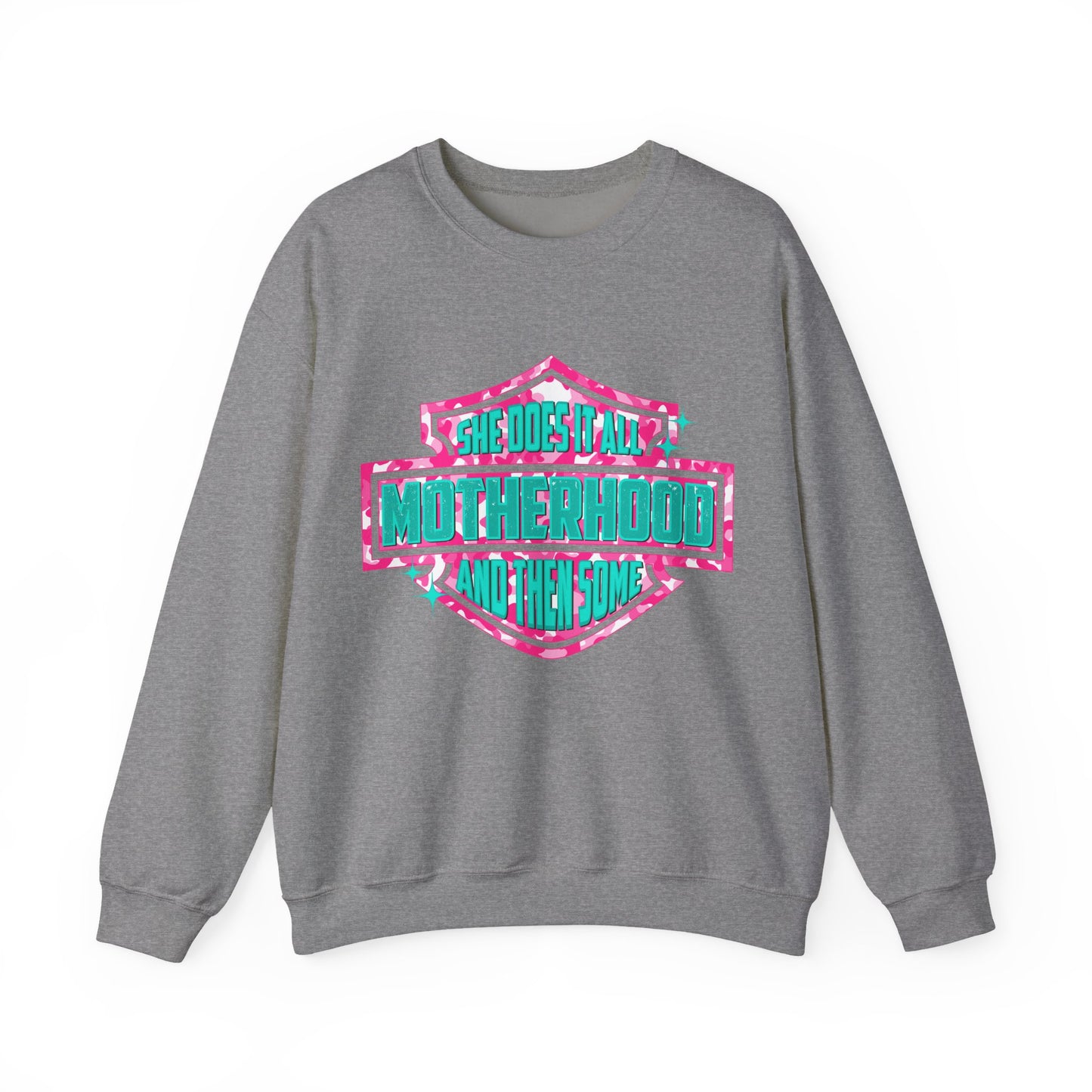 Motherhood Crewneck Sweatshirt — "She Does It All" Graphic