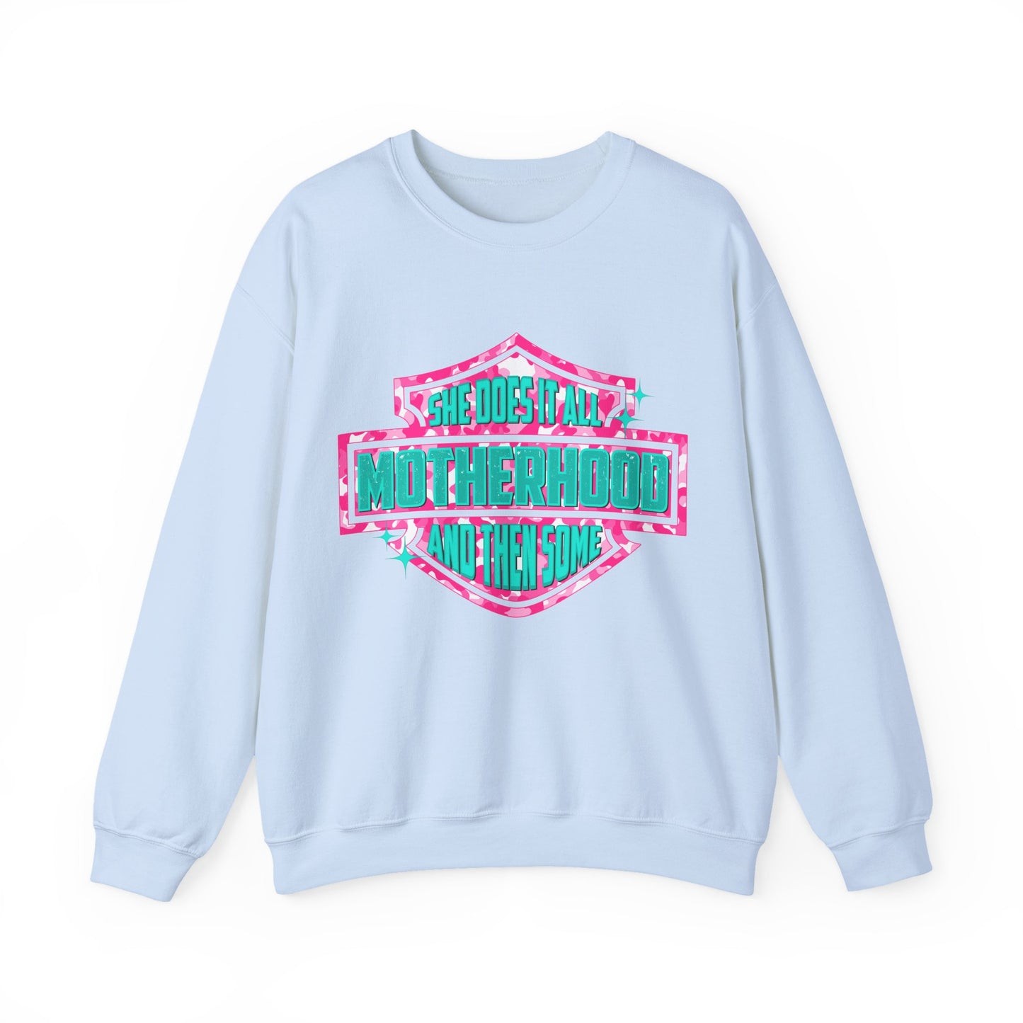 Motherhood Crewneck Sweatshirt — "She Does It All" Graphic