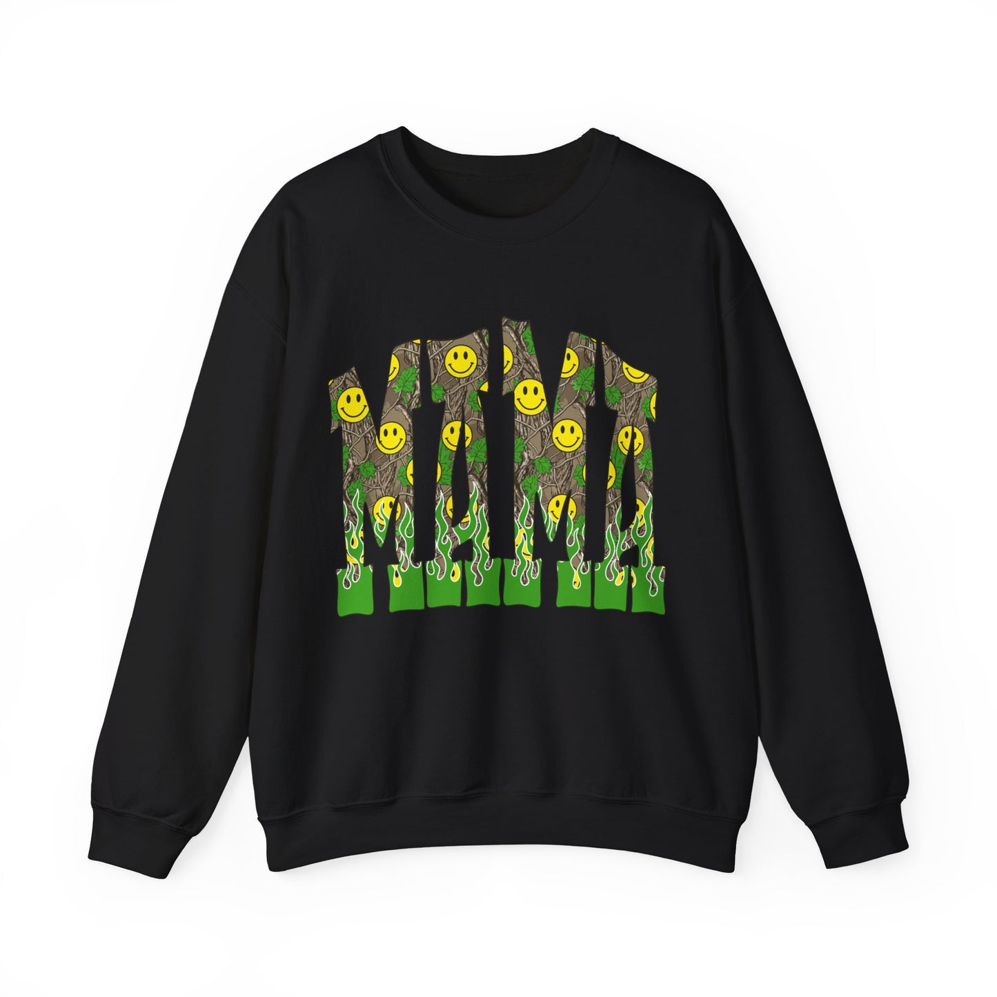 Crewneck Sweatshirt — Camo Smiley 'MAMA' Graphic