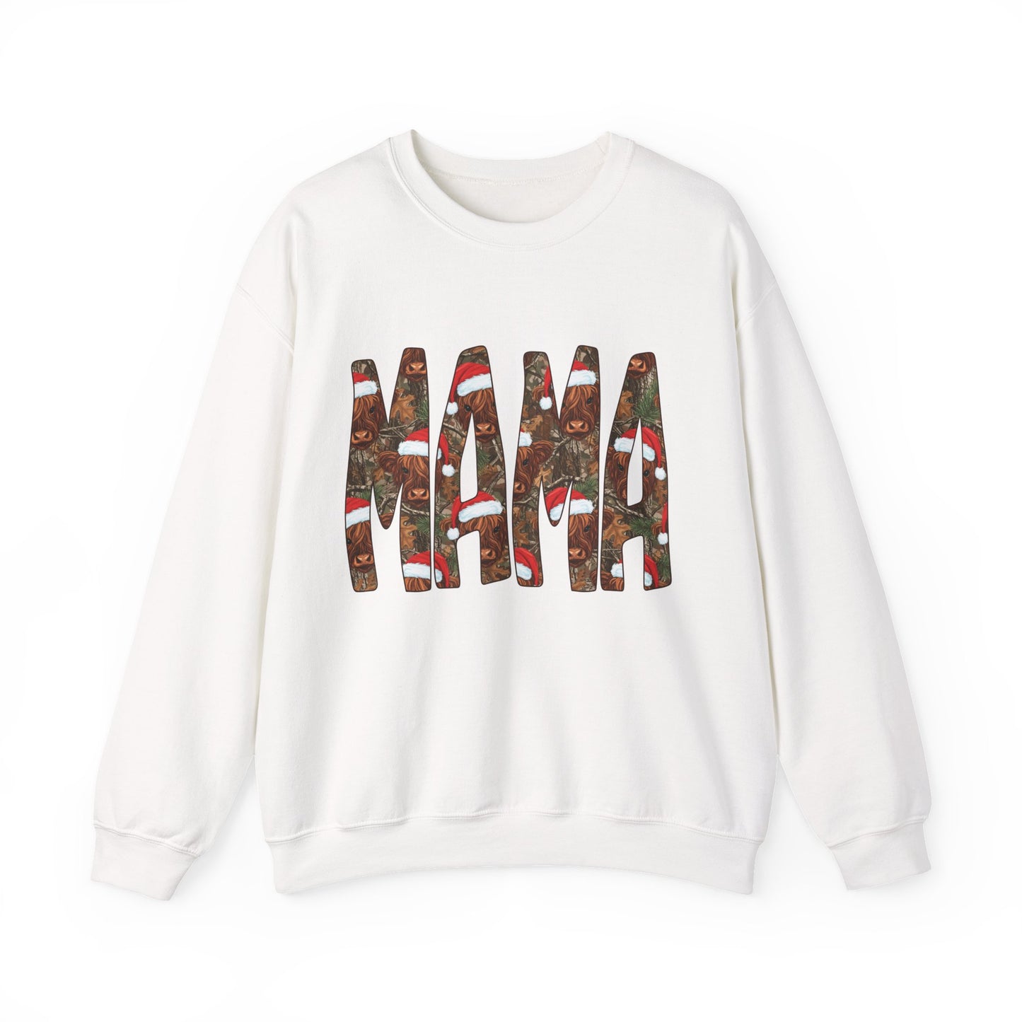 Mama Highland Cow & Camo Sweatshirt — Festive Christmas Mama Crewneck