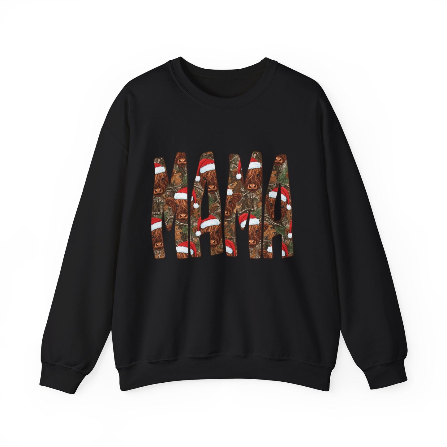Mama Highland Cow & Camo Sweatshirt — Festive Christmas Mama Crewneck