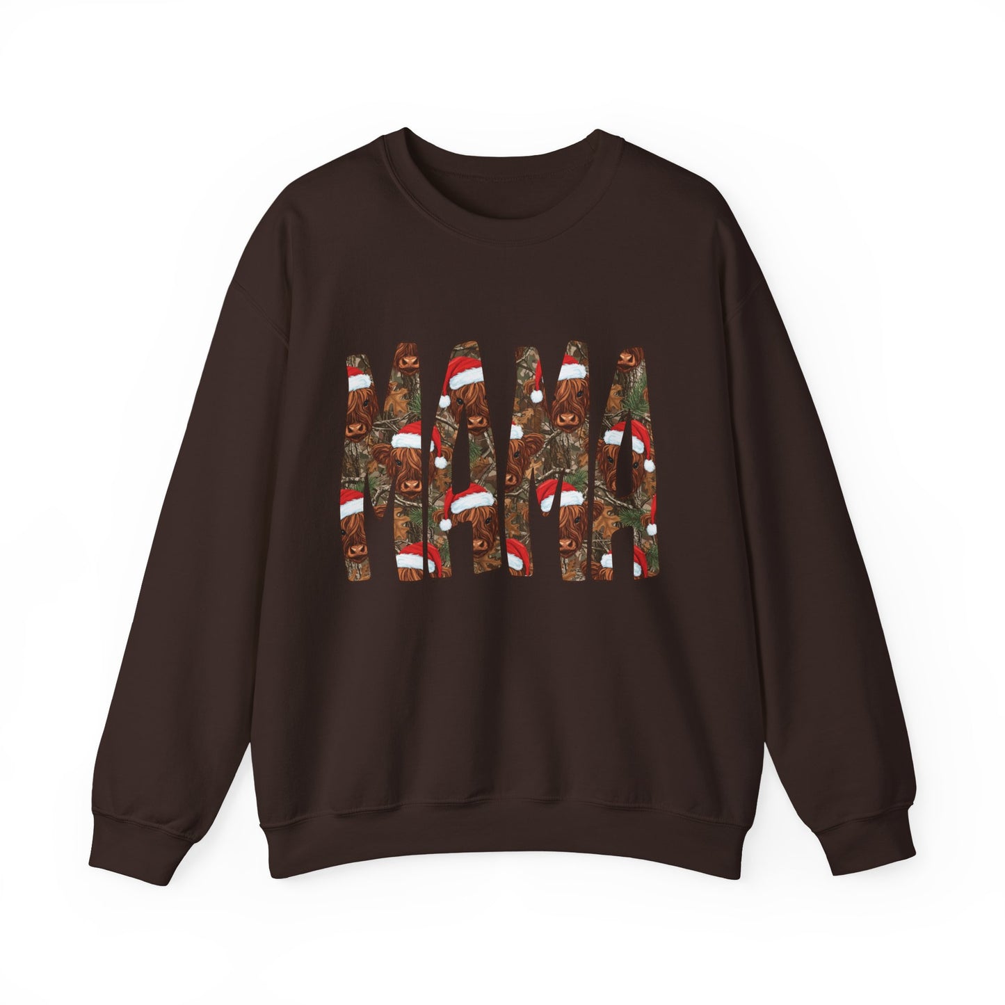 Mama Highland Cow & Camo Sweatshirt — Festive Christmas Mama Crewneck