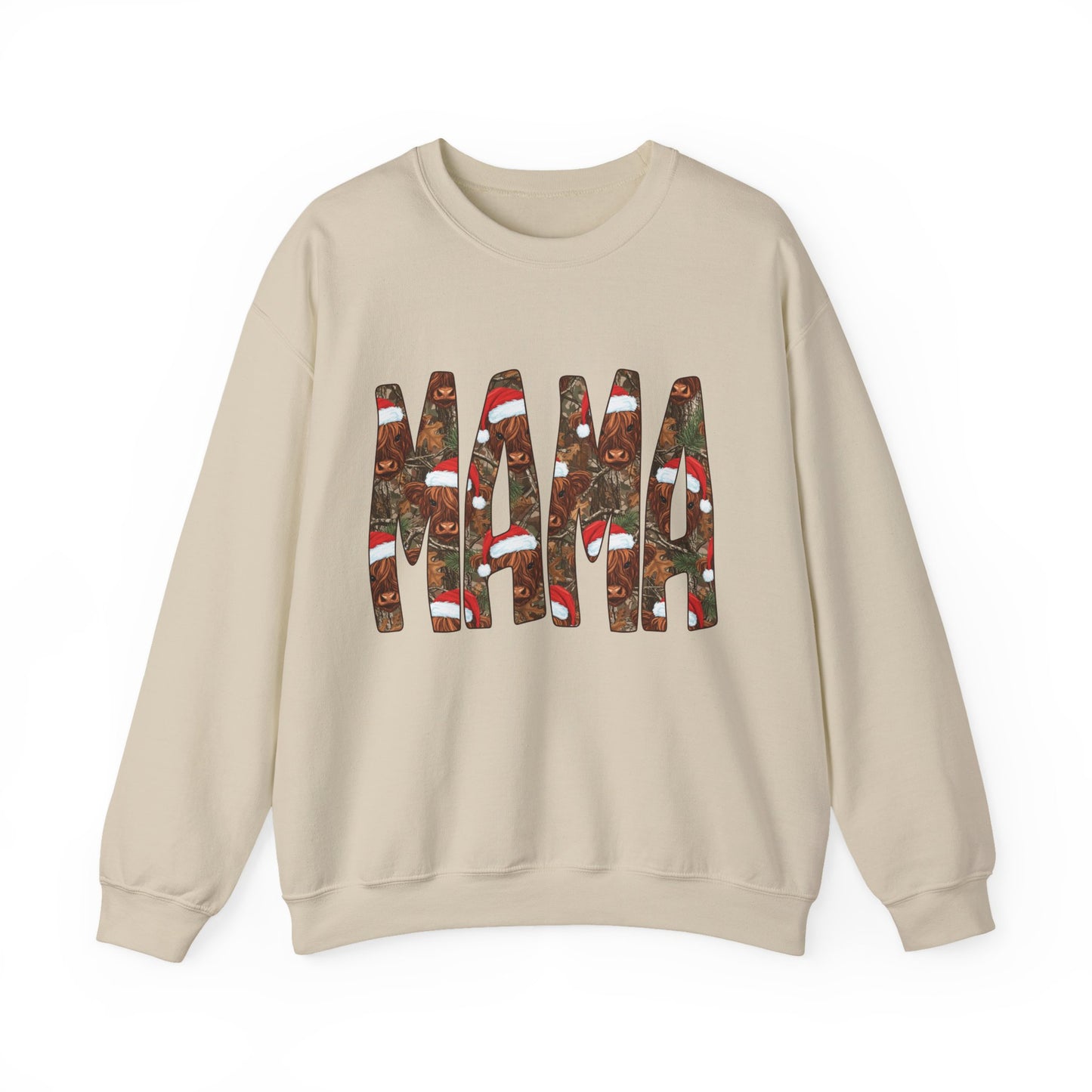 Mama Highland Cow & Camo Sweatshirt — Festive Christmas Mama Crewneck