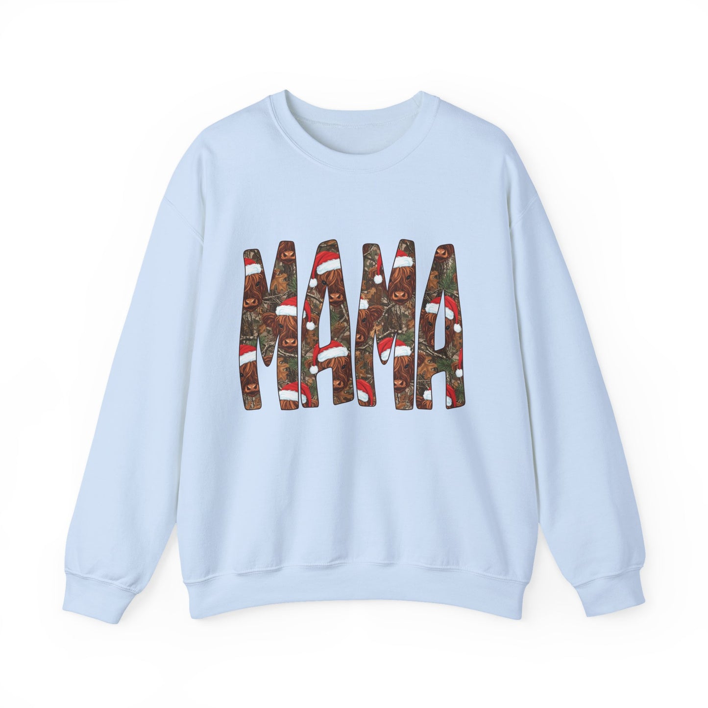 Mama Highland Cow & Camo Sweatshirt — Festive Christmas Mama Crewneck
