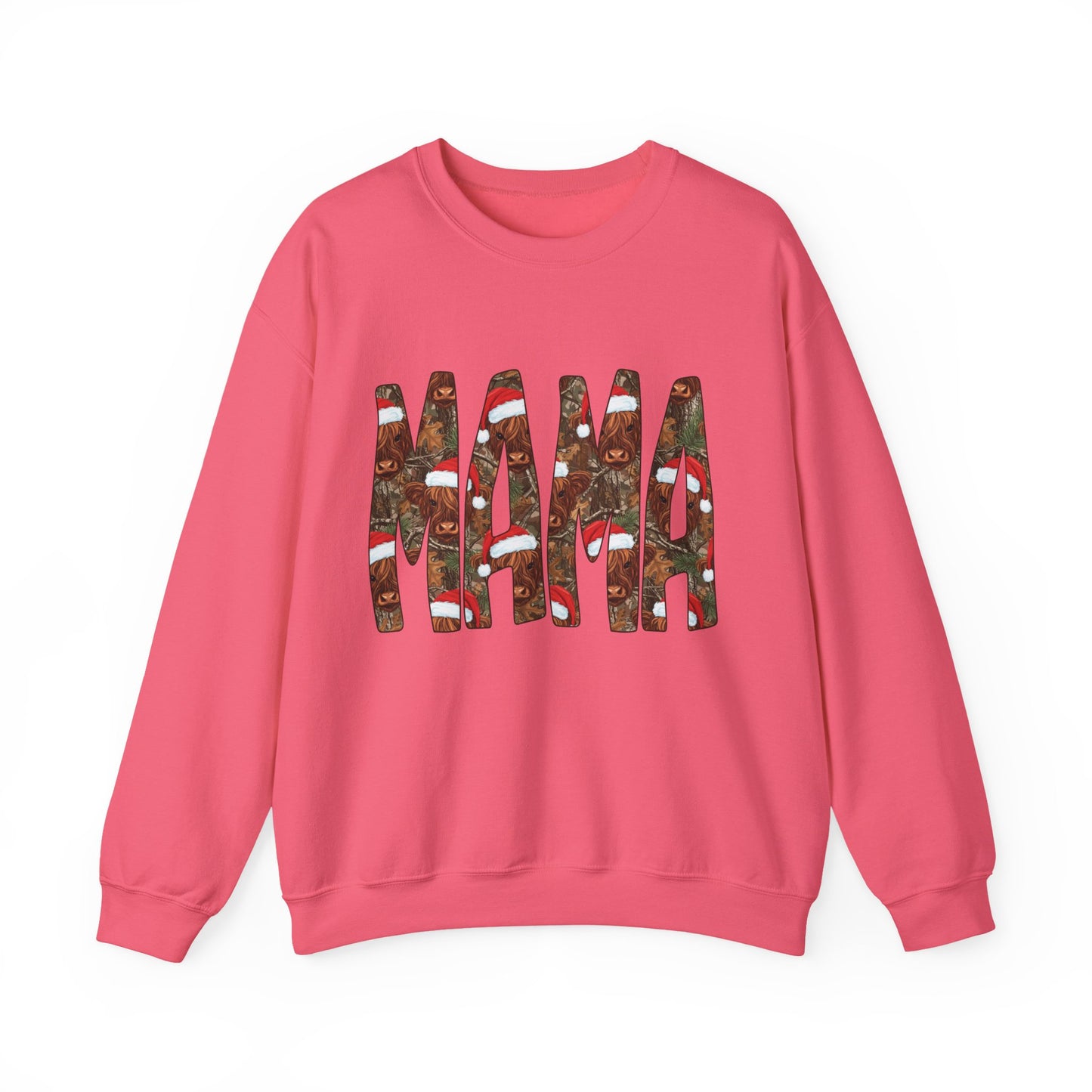 Mama Highland Cow & Camo Sweatshirt — Festive Christmas Mama Crewneck