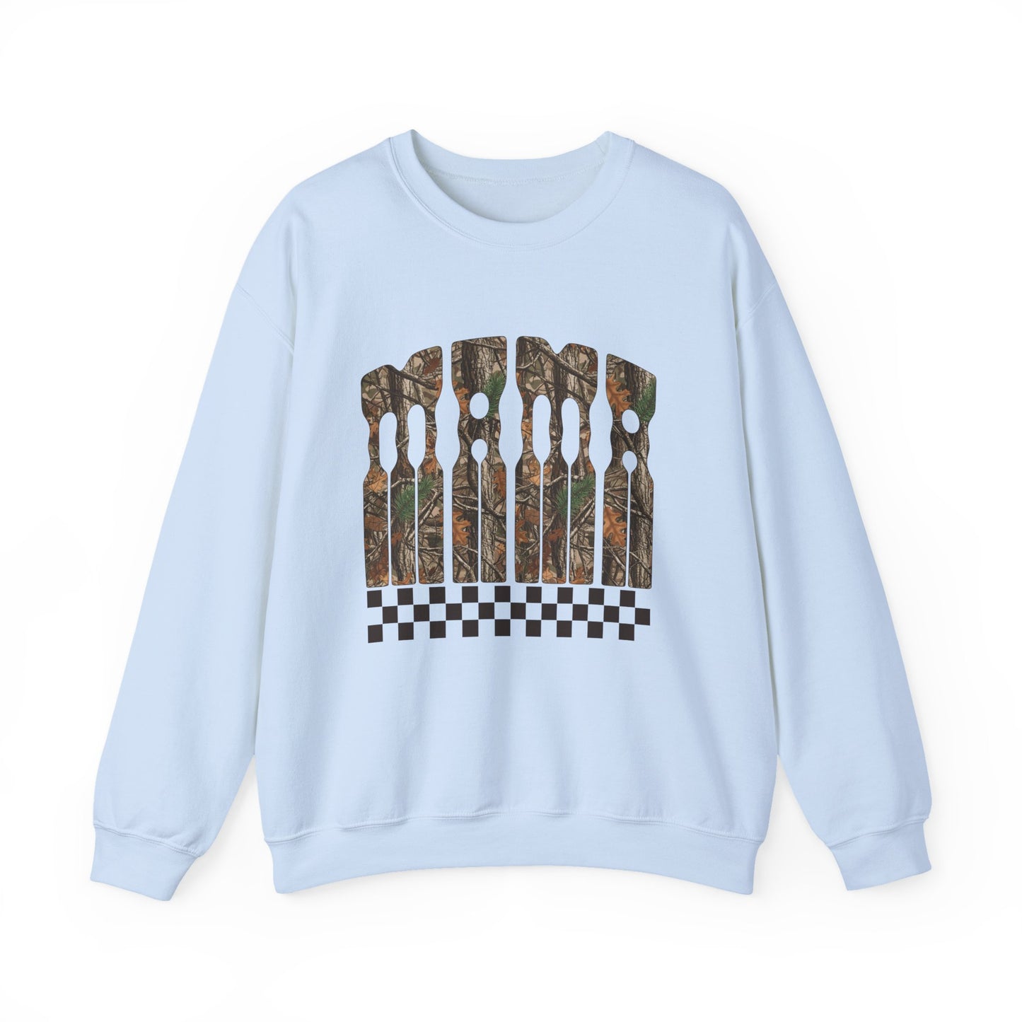 Camo MAMA Crewneck Sweatshirt — Country MAMA Graphic with Checkered Accent