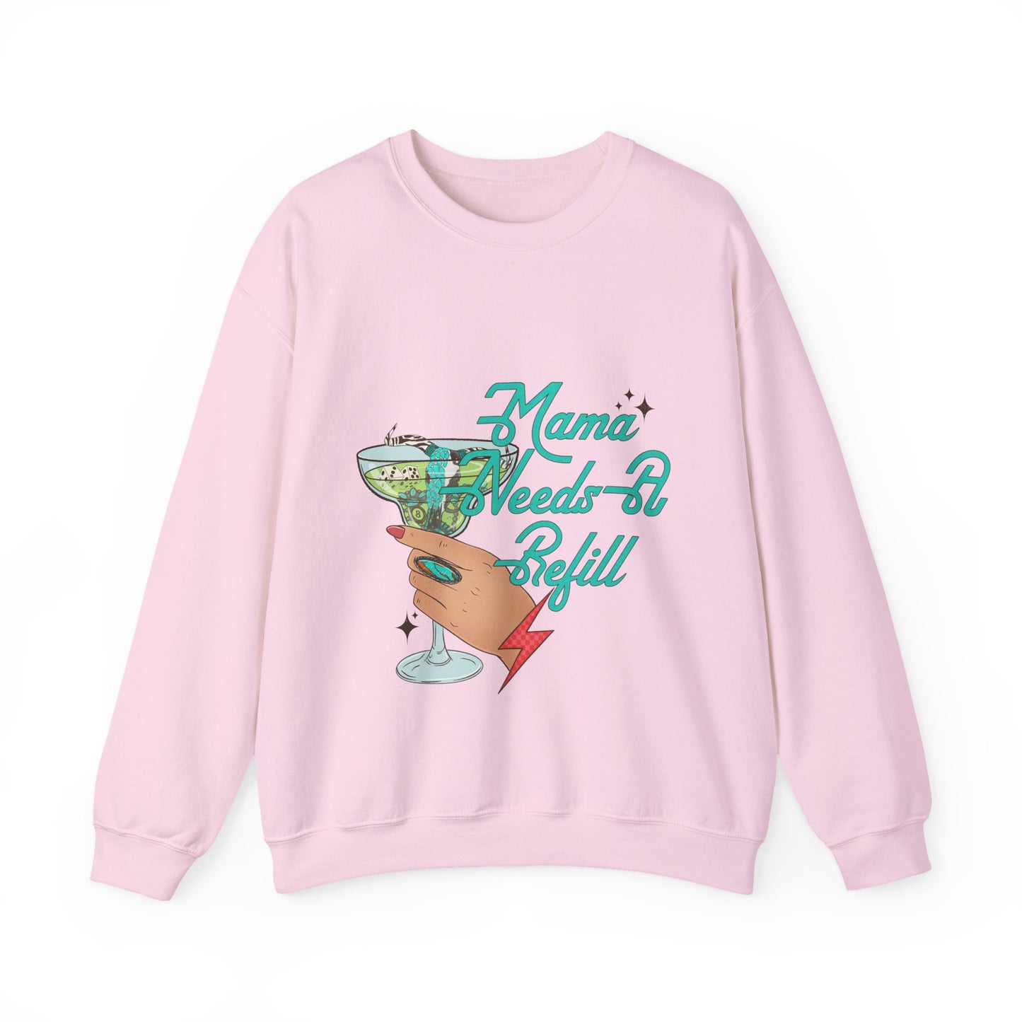 Crewneck Sweatshirt — "Mama Needs A Refill" Vintage Cocktail Graphic
