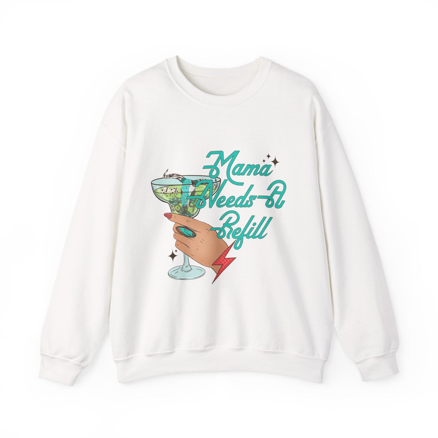 Crewneck Sweatshirt — "Mama Needs A Refill" Vintage Cocktail Graphic