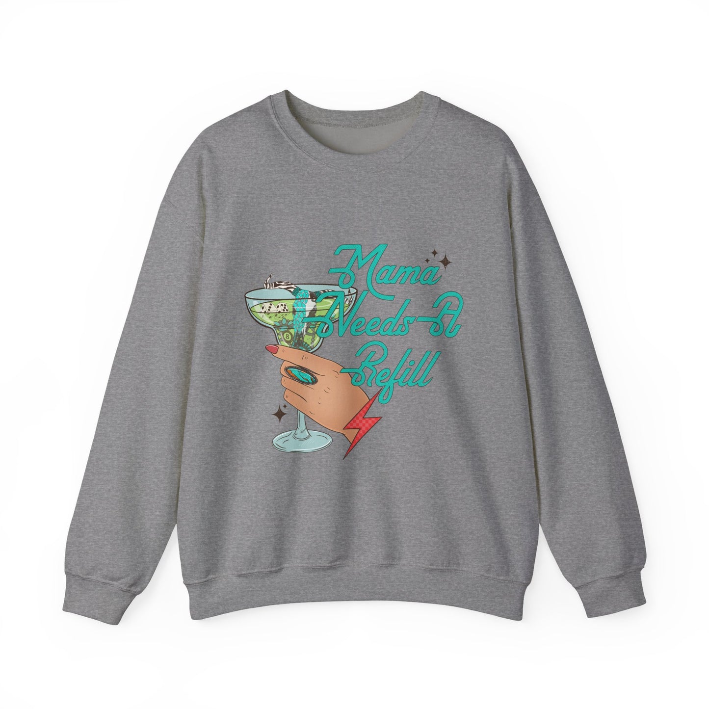 Crewneck Sweatshirt — "Mama Needs A Refill" Vintage Cocktail Graphic