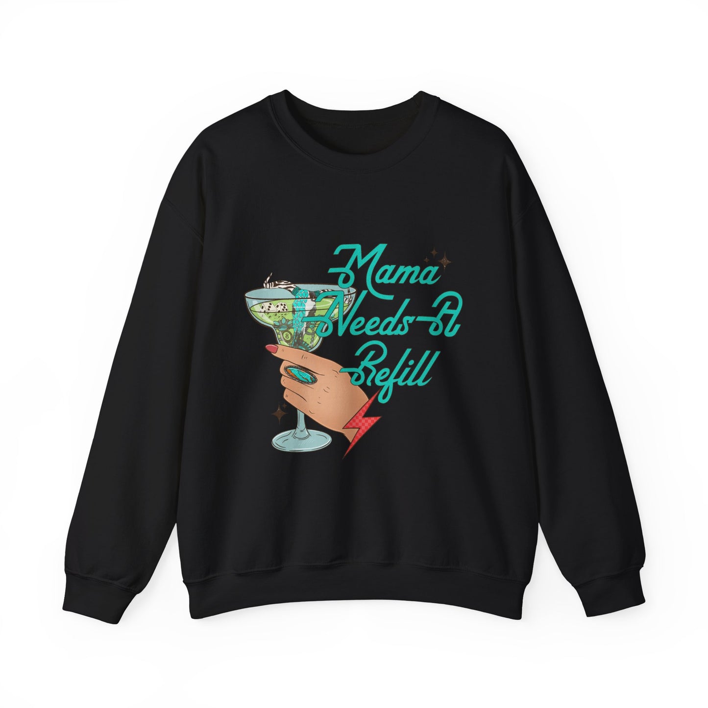 Crewneck Sweatshirt — "Mama Needs A Refill" Vintage Cocktail Graphic