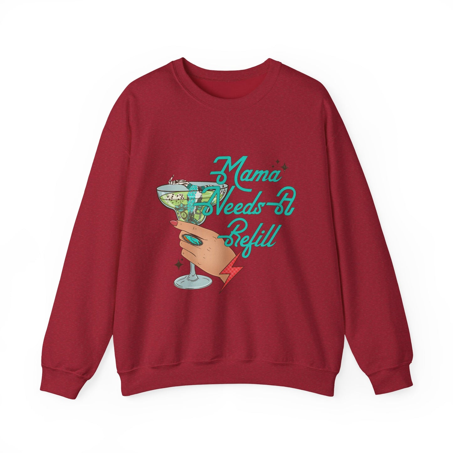 Crewneck Sweatshirt — "Mama Needs A Refill" Vintage Cocktail Graphic
