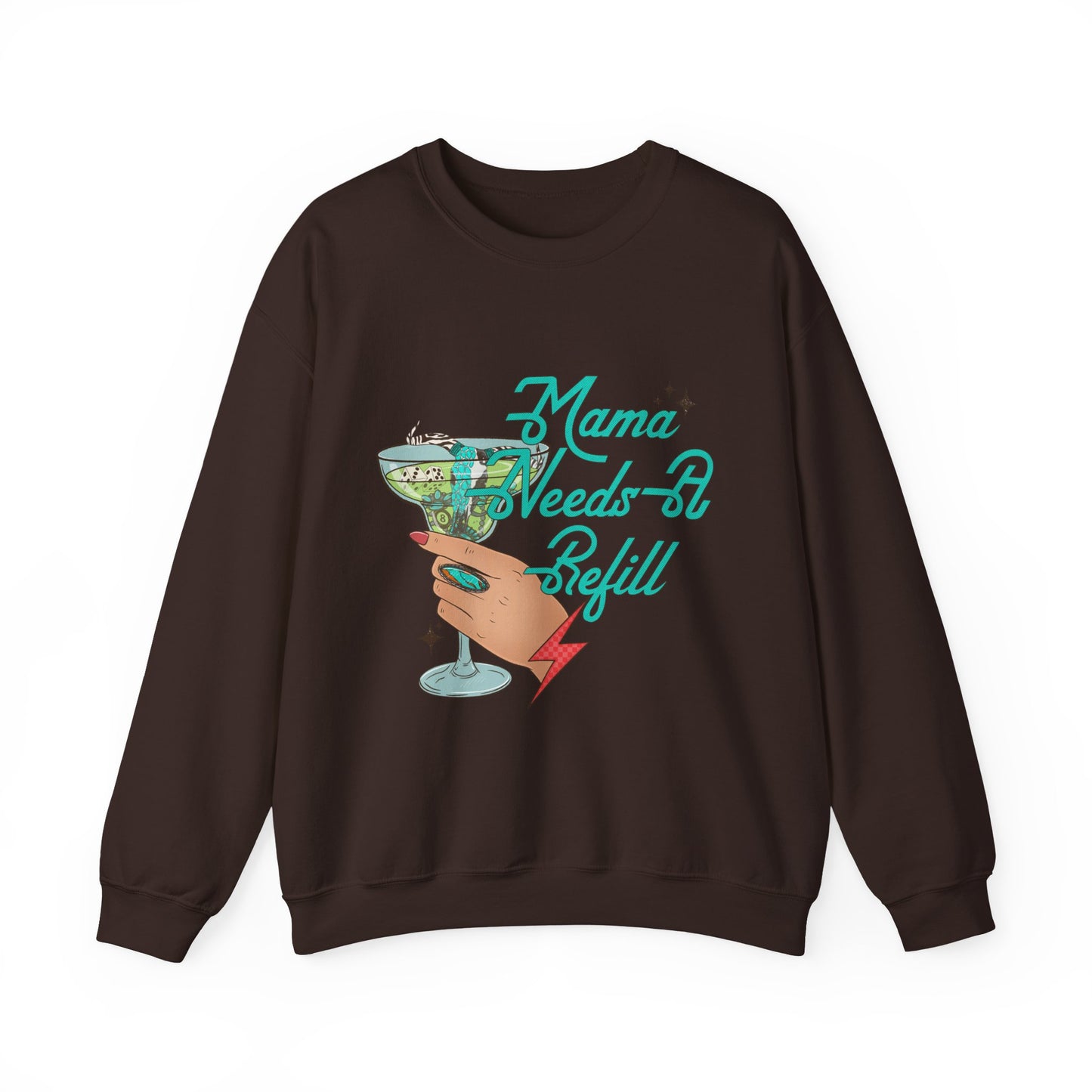 Crewneck Sweatshirt — "Mama Needs A Refill" Vintage Cocktail Graphic