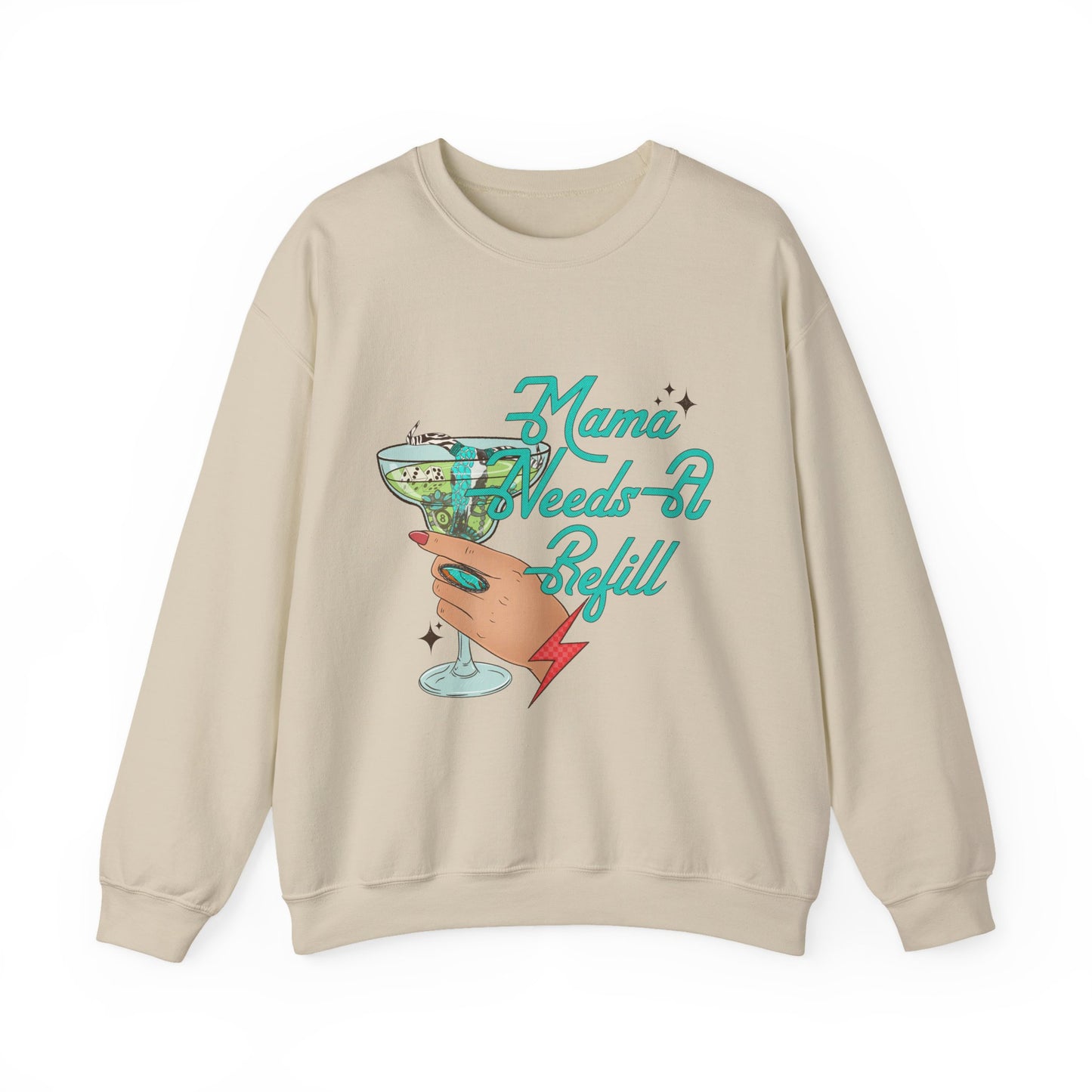Crewneck Sweatshirt — "Mama Needs A Refill" Vintage Cocktail Graphic