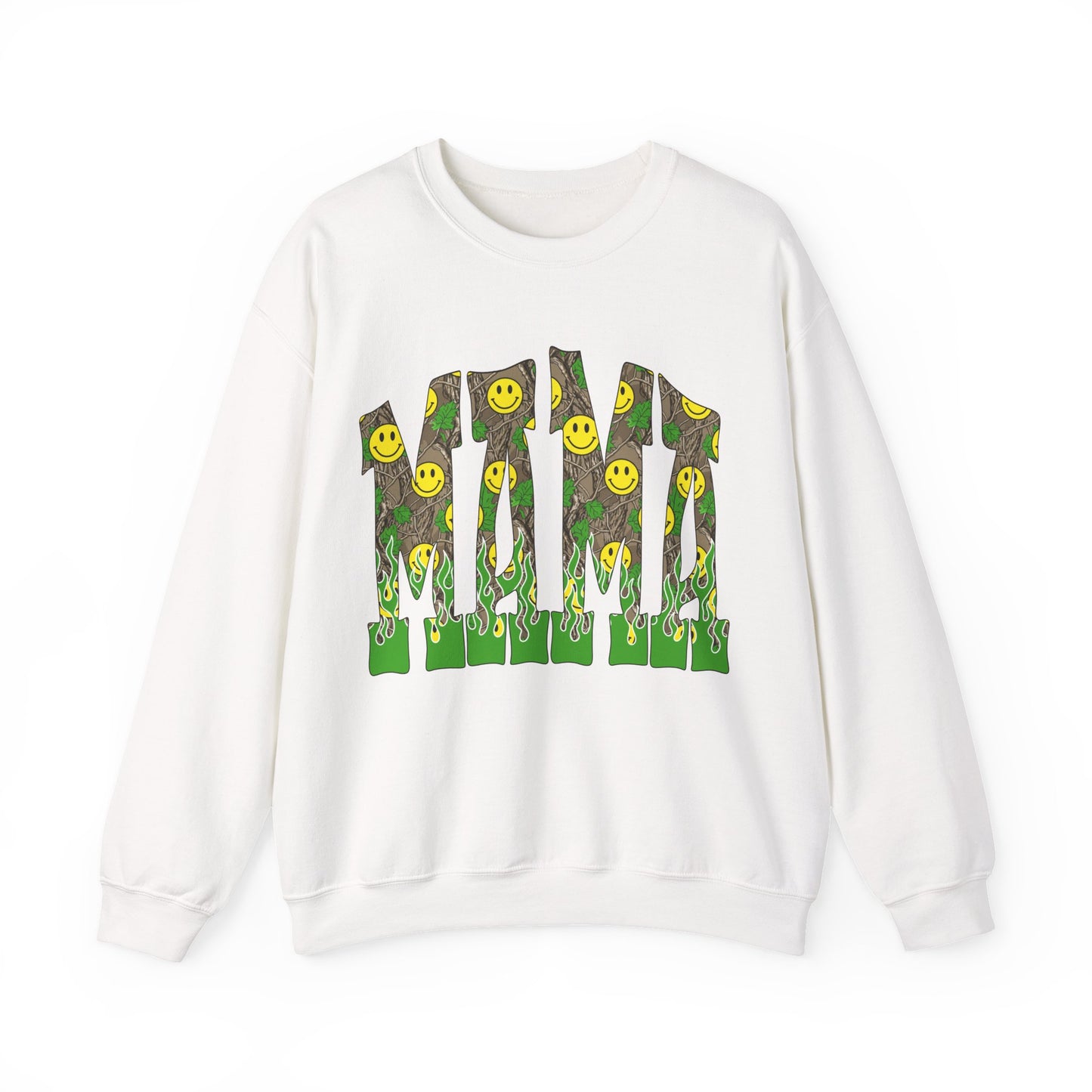 Crewneck Sweatshirt — Camo Smiley 'MAMA' Graphic