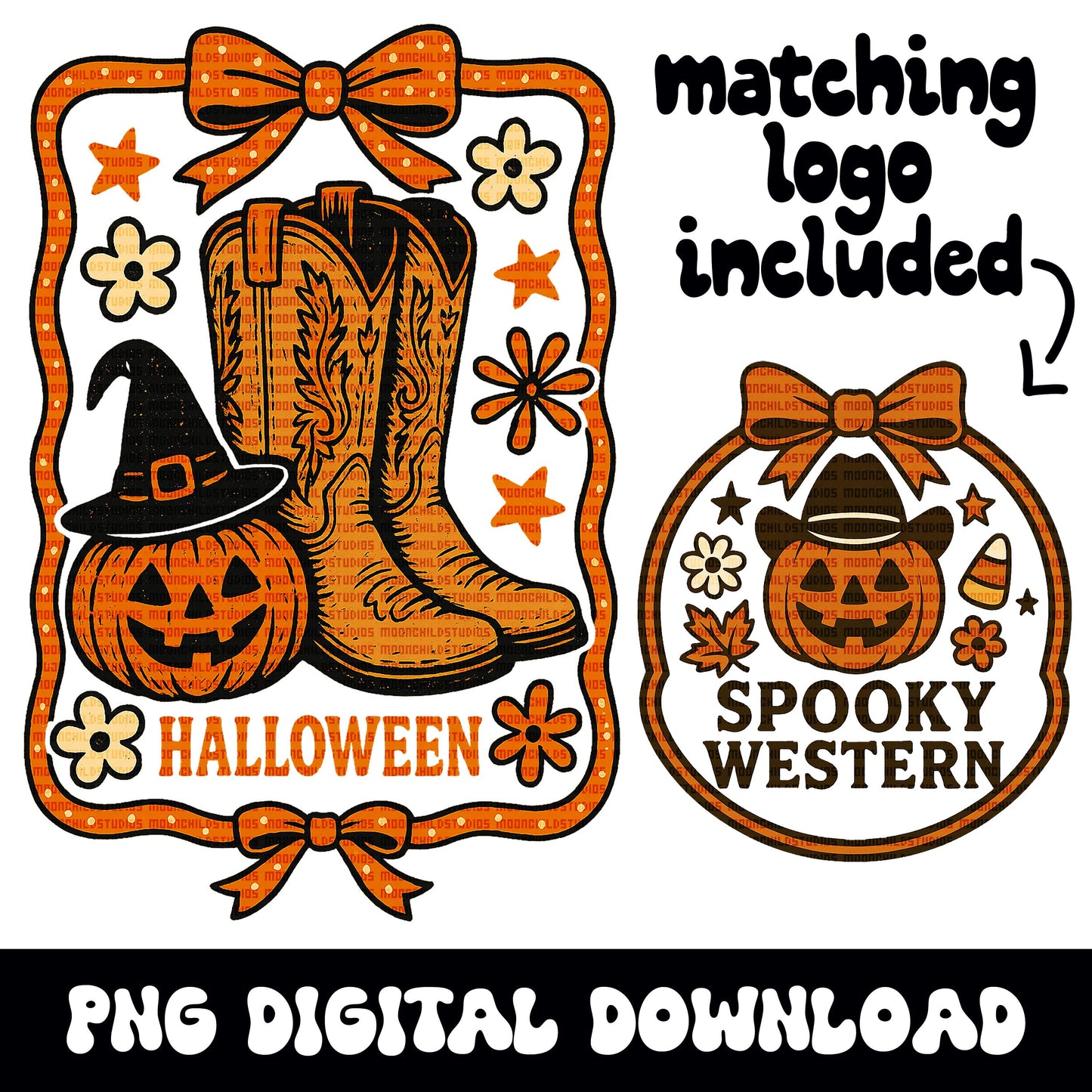 Western halloween boot and pumpkin graphic with matching logo PNG graphic INSTANT digital download for tshirt sublimation or dtf