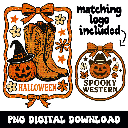 Western halloween boot and pumpkin graphic with matching logo PNG graphic INSTANT digital download for tshirt sublimation or dtf