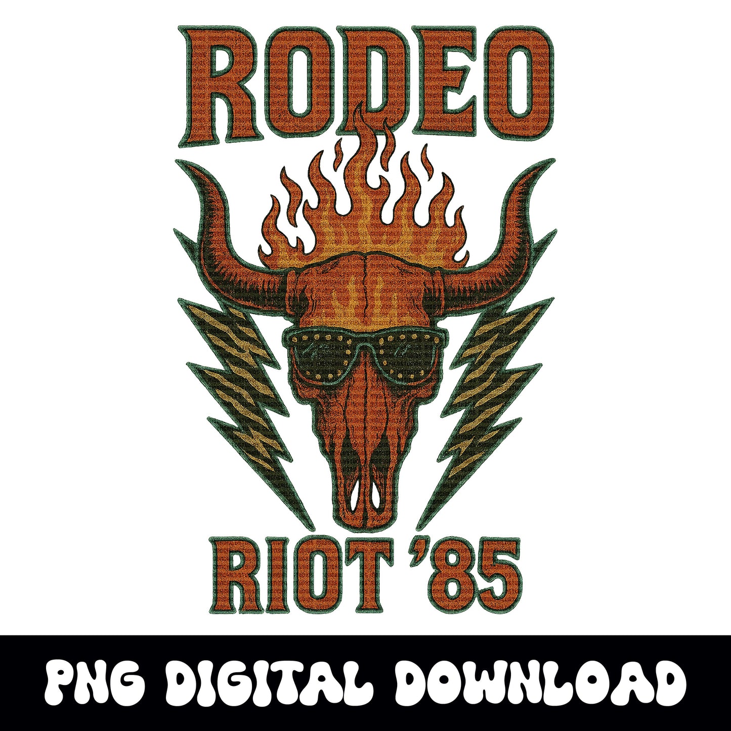 Western 80s band tee inspired "Rodeo Riot" flaming bull skull lightning PNG graphic INSTANT digital download for tshirt sublimation or dtf