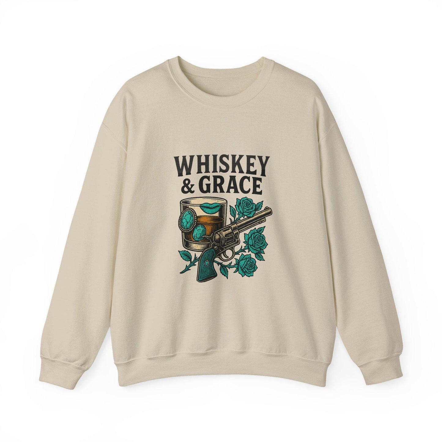 Western "whiskey & grace" turquoise rose revolver png graphic INSTANT digital download for tshirt sublimation or dtf