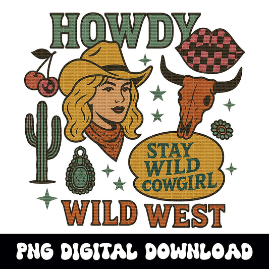 Western cowgirl collage retro cowgirl howdy wild west desert bull skull turquoise cherry png graphic for sublimation or dtf