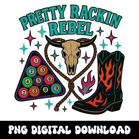 western bull lasso heart pool ball rack flaming cowgirl boot pretty rackin rebel png design INSTANT digital download