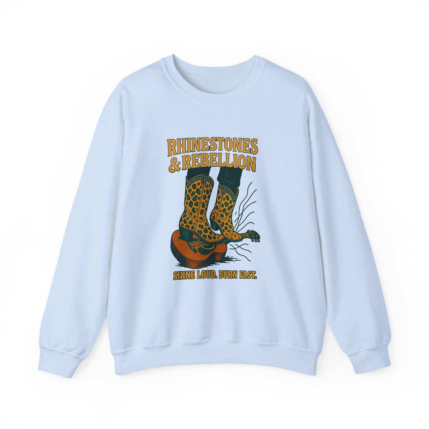 Western "Rhinestones & rebellion" cheetah print cowgirl boots and guitar PNG graphic INSTANT digital download for tshirt sublimation or dtf