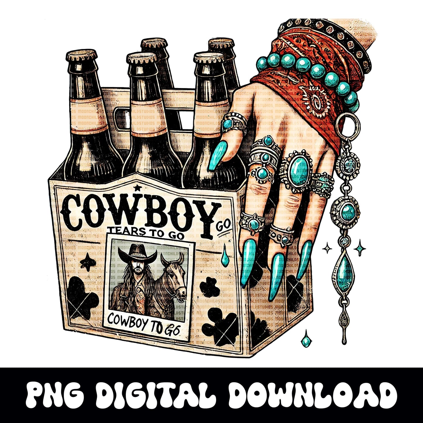 Cowboy tears to go beer case Western turquoise cow print png graphic digital download for sublimation or dtf