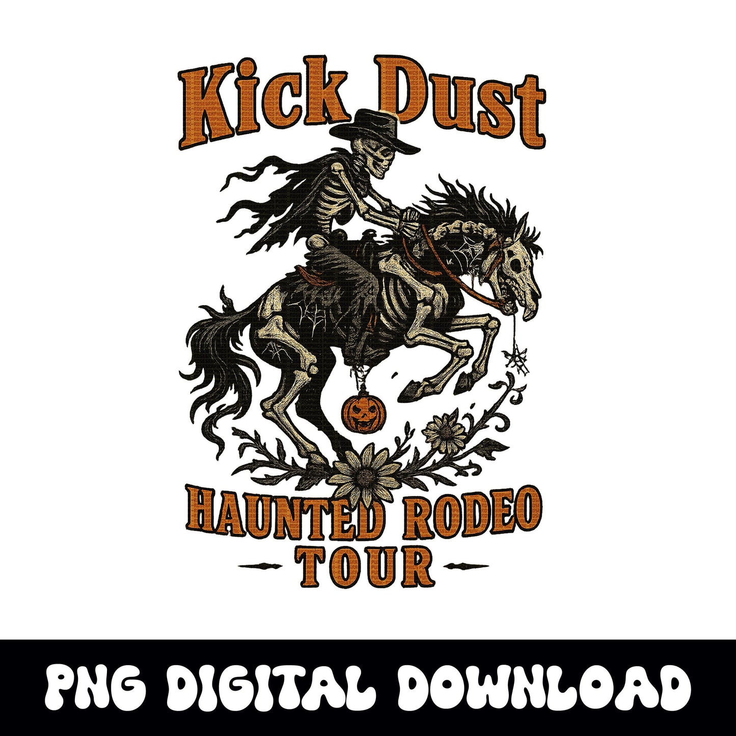 Western halloween skeleton cowboy and horse haunted rodeo tour PNG graphic digital download for tshirt sublimation or dtf