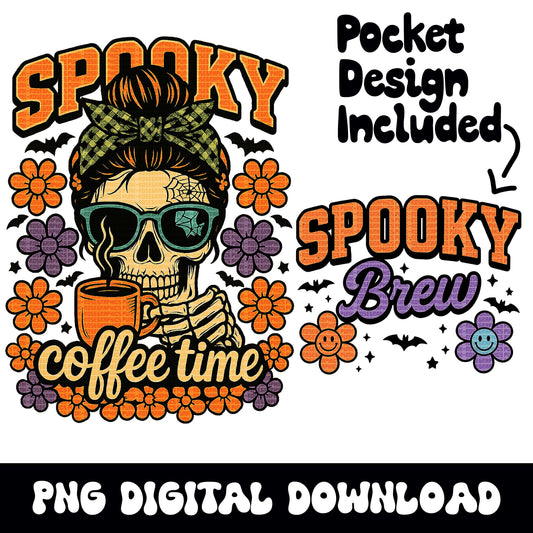 Halloween "Spooky coffee time"  mama skull PNG graphic INSTANT digital downloads for tshirt sublimation or dtf