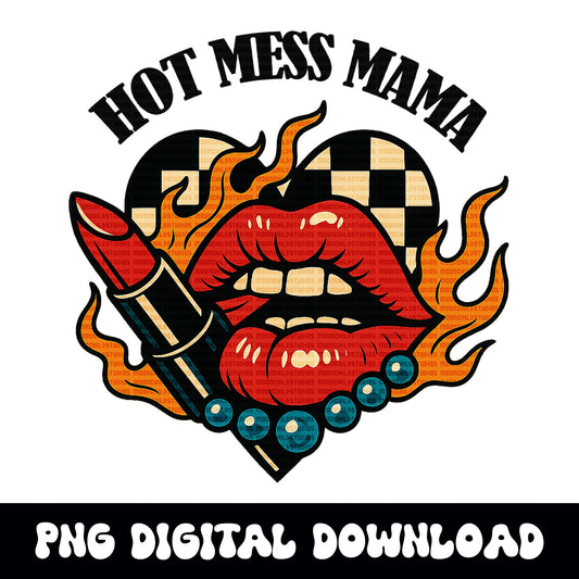 Hot mess mama checkered heart flaming lip turquoise PNG graphic INSTANT digital download for tshirt sublimation or dtf