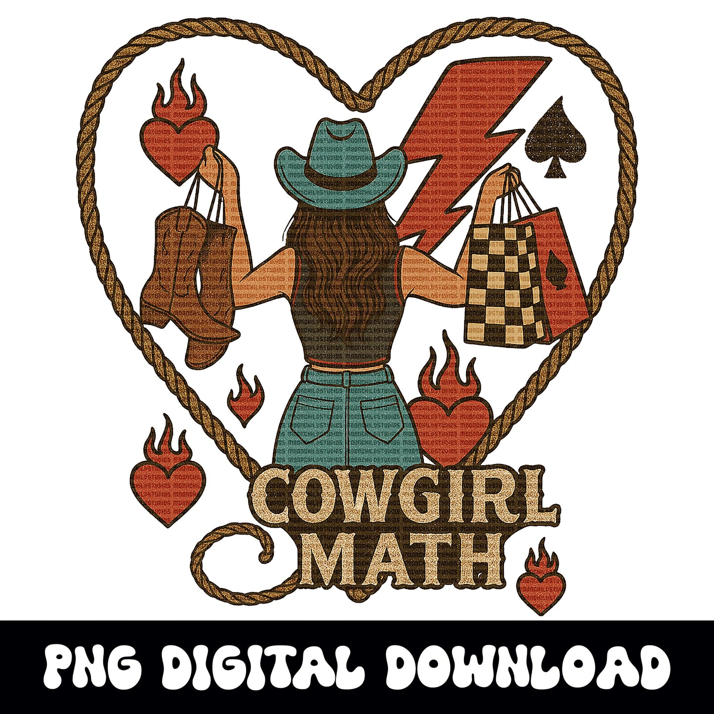 Edgy western "cowgirl math" cowgirl spade lightning bolt lasso checkered png design for sublimation or dtf