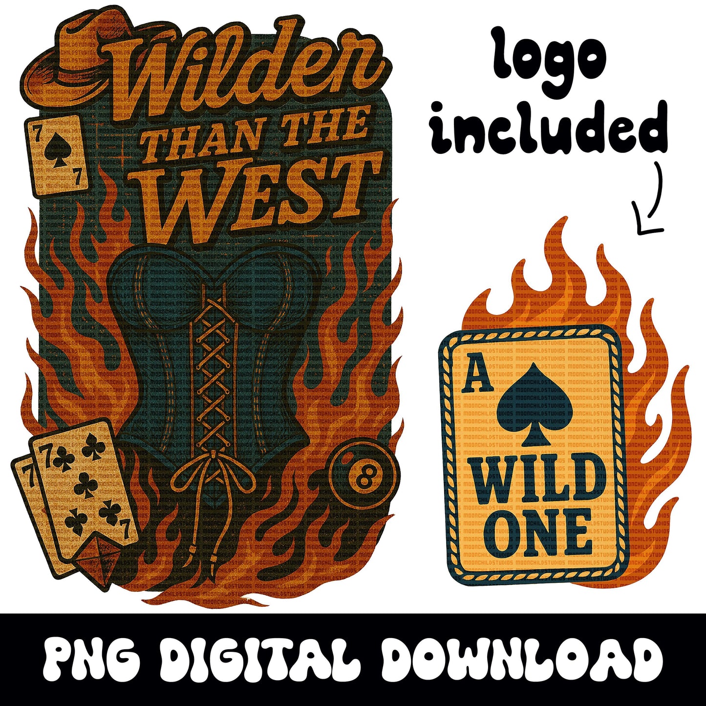 Edgy western "Wilder than the west" cowgirl corset top spade card 8ball png graphic digital download for tshirt sublimation and dtf
