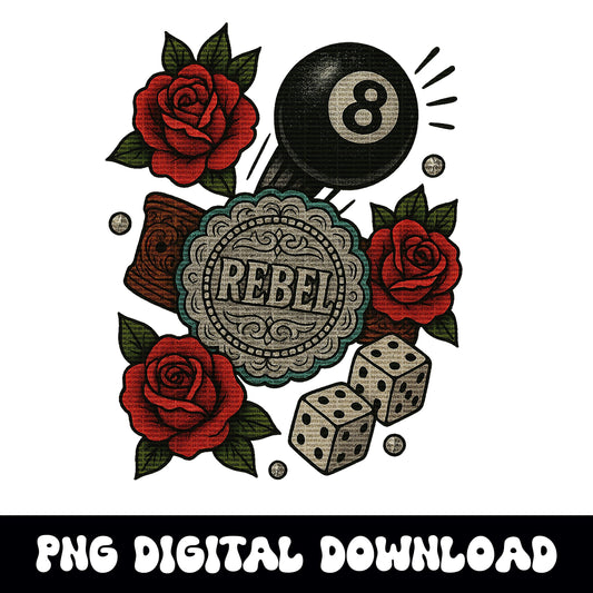 western concho tooled leather belt 8 ball rose dice png graphic INSTANT digital download for tshirt sublimation or dtf