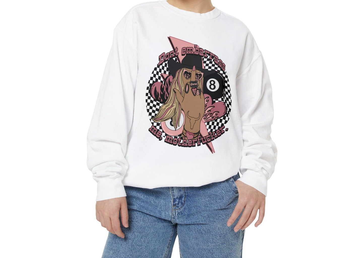 Dont Embarrass me pink cowgirl 8 ball trendy checkered flaming heart lightning bolt Png graphic