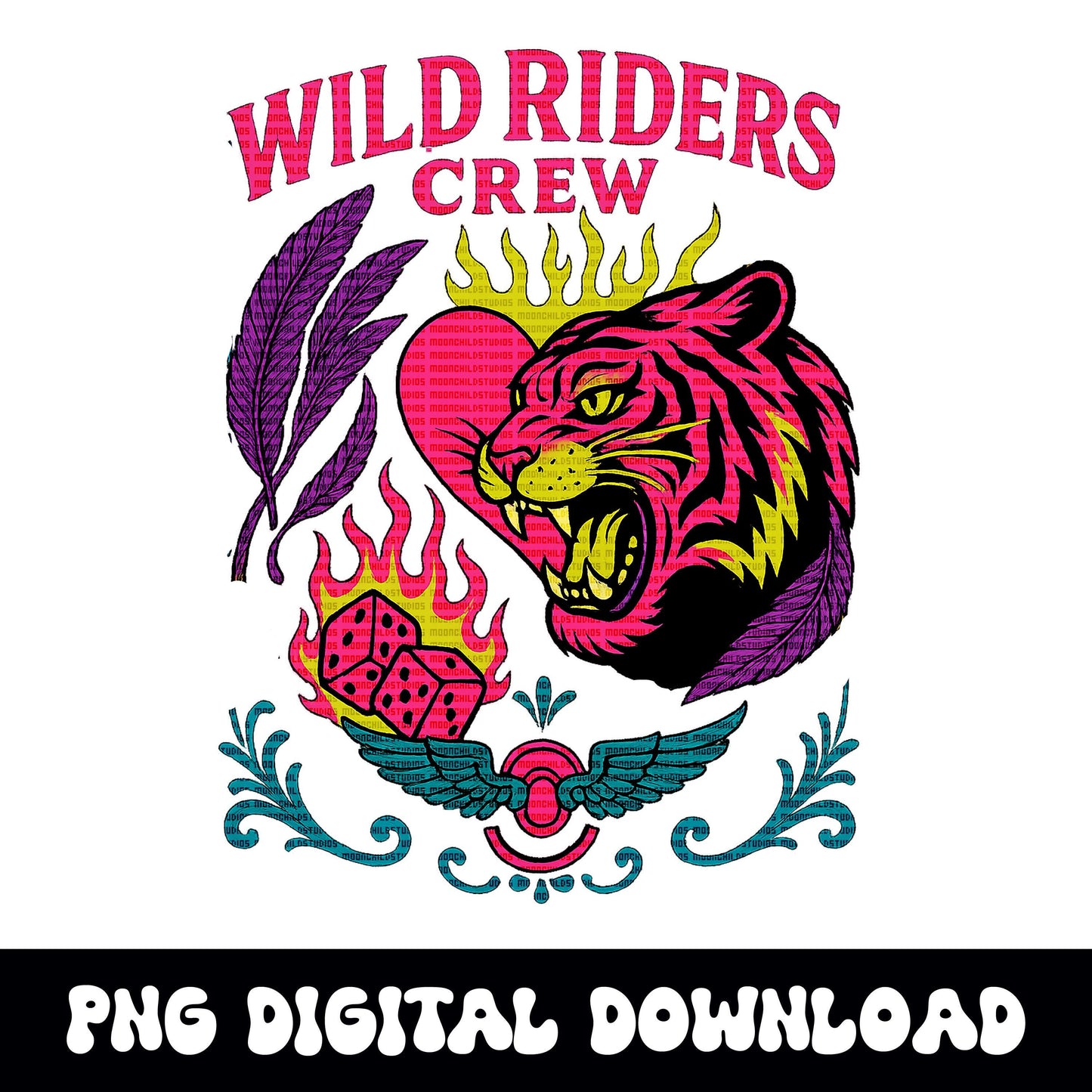 Edgy "wild riders crew" tiger moto dice PNG graphic INSTANT digital download for tshirt sublimation or dtf