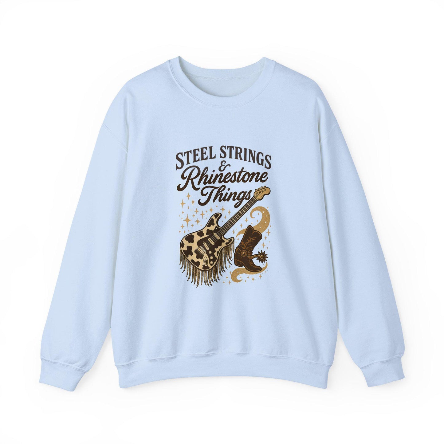 Western "Steel strings & Rhinestone things" cow print guitar cowgirl boot PNG graphic INSTANT digital download for tshirt sublimation or dtf