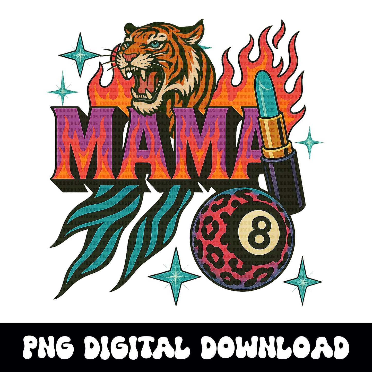 Edgy flaming mama tiger 8ball PNG graphic INSTANT digital download for tshirt sublimation or dtf