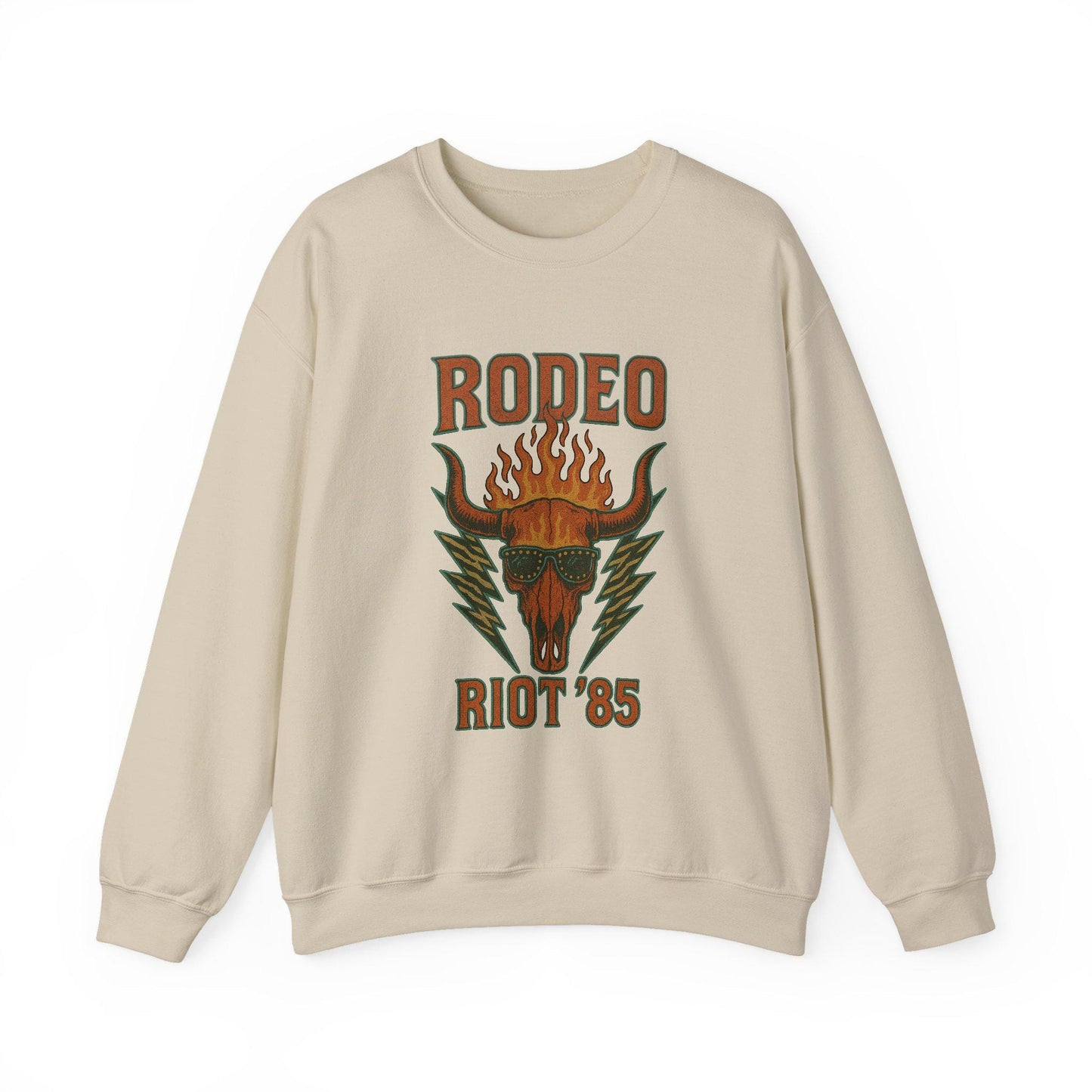Western 80s band tee inspired "Rodeo Riot" flaming bull skull lightning PNG graphic INSTANT digital download for tshirt sublimation or dtf