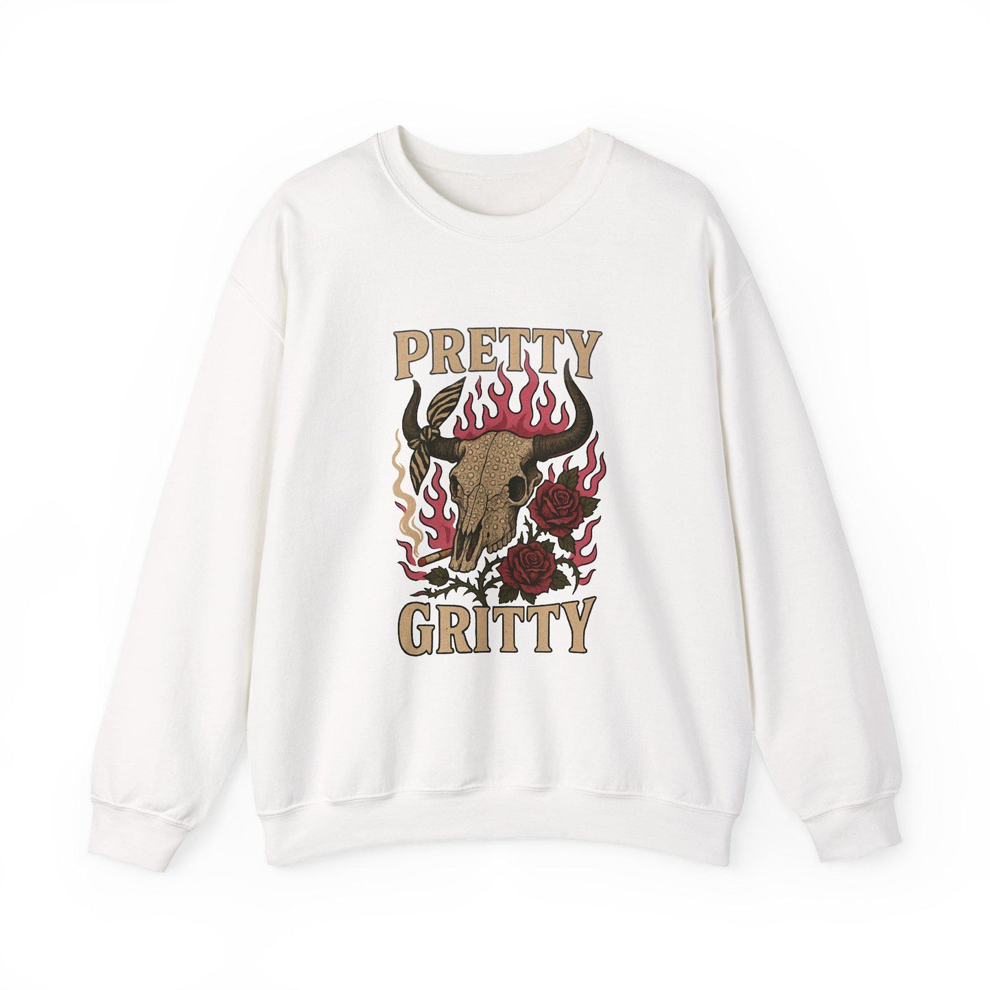 Edgy Western "pretty gritty" flaming cow skull and rose PNG graphic digital download for tshirt sublimation or dtf