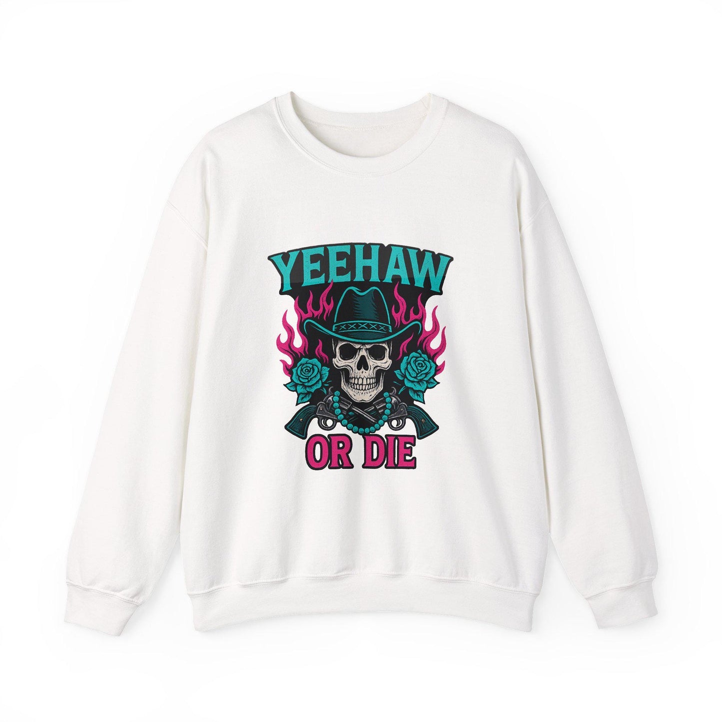 Western "yeehaw or die" flaming skull revolver rose turquoise png graphic INSTANT digital download for tshirt sublimation or dtf