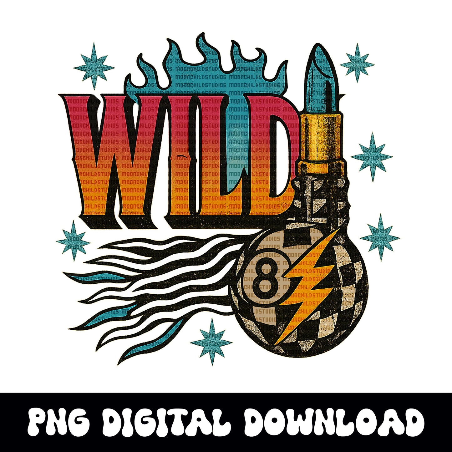 Edgy yallternative "WILD" checkered 8ball retro PNG graphic INSTANT digital download for tshirt sublimation or dtf
