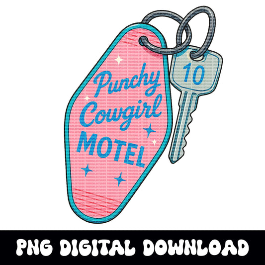 Vintage western Punchy cowgirl motel key png graphic for sublimation or dtf