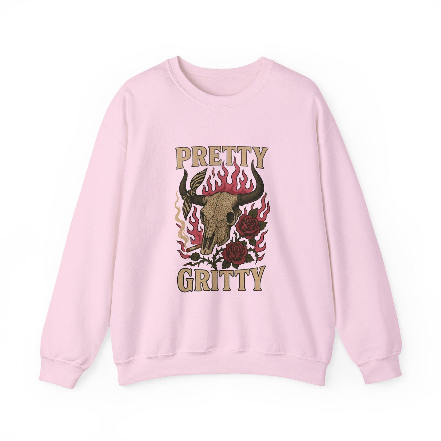 Edgy Western "pretty gritty" flaming cow skull and rose PNG graphic digital download for tshirt sublimation or dtf