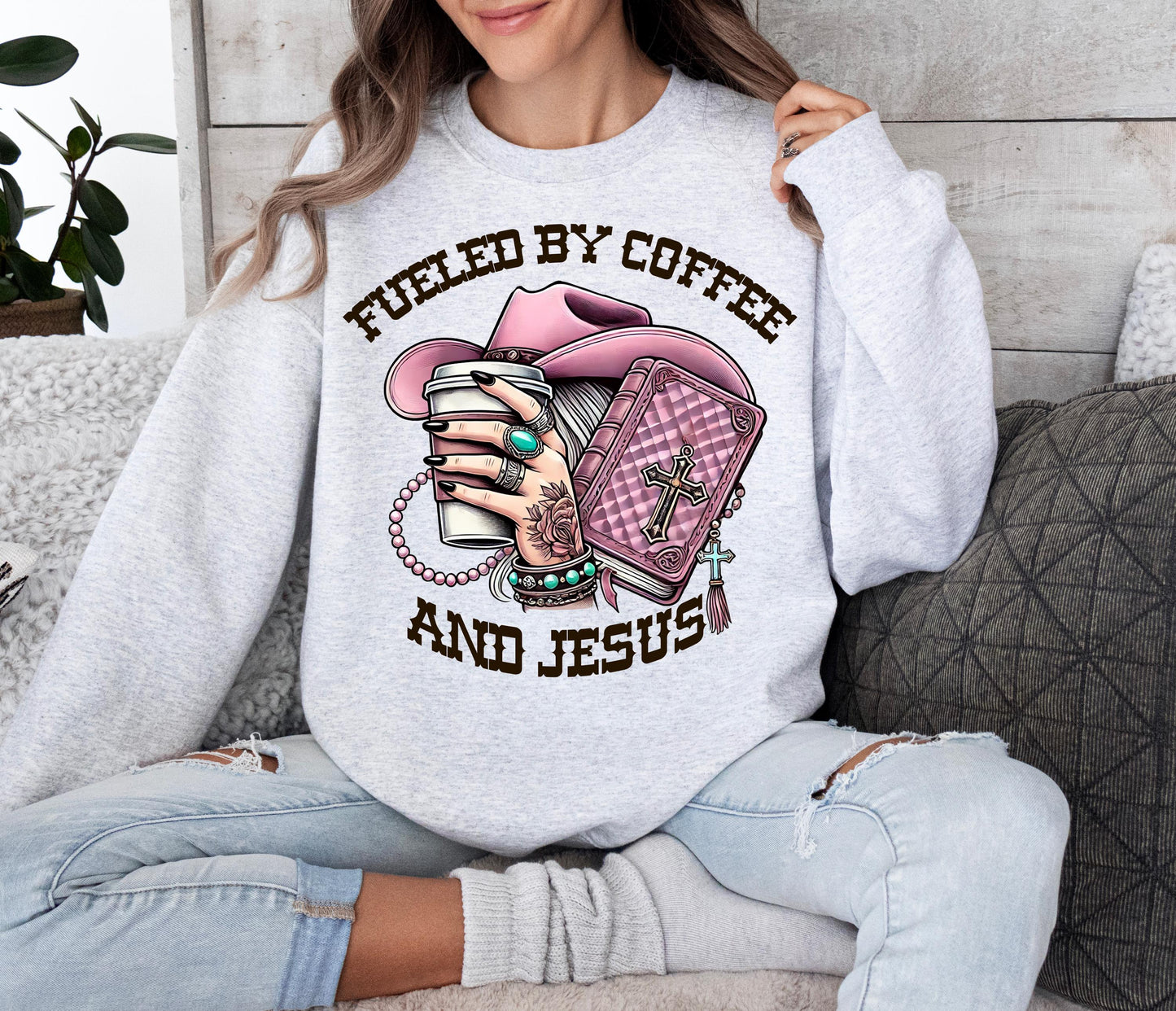 Christian Fueled by coffee and jesus western yallternative cowgirl png graphic digital download for sublimation or dtf