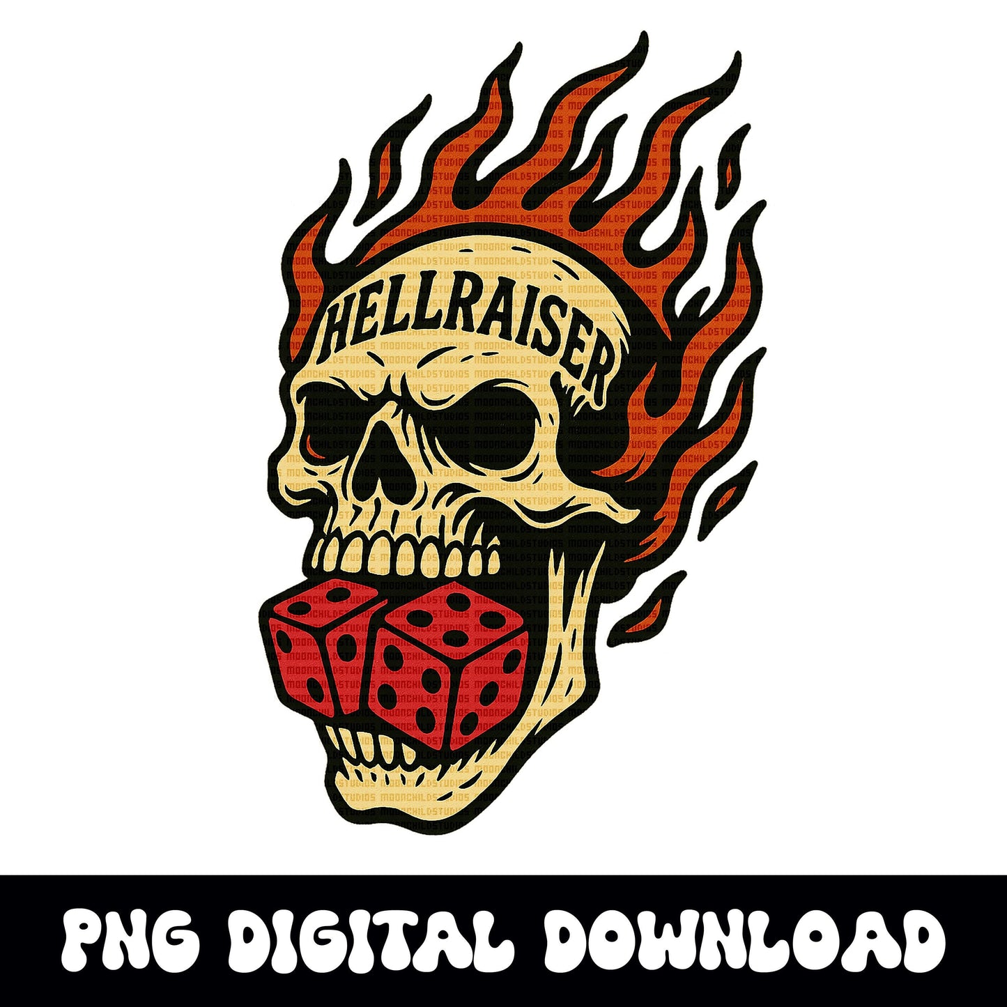 Yallternative hellraiser flaming dice skull PNG graphic INSTANT digital download for tshirt sublimation or dtf
