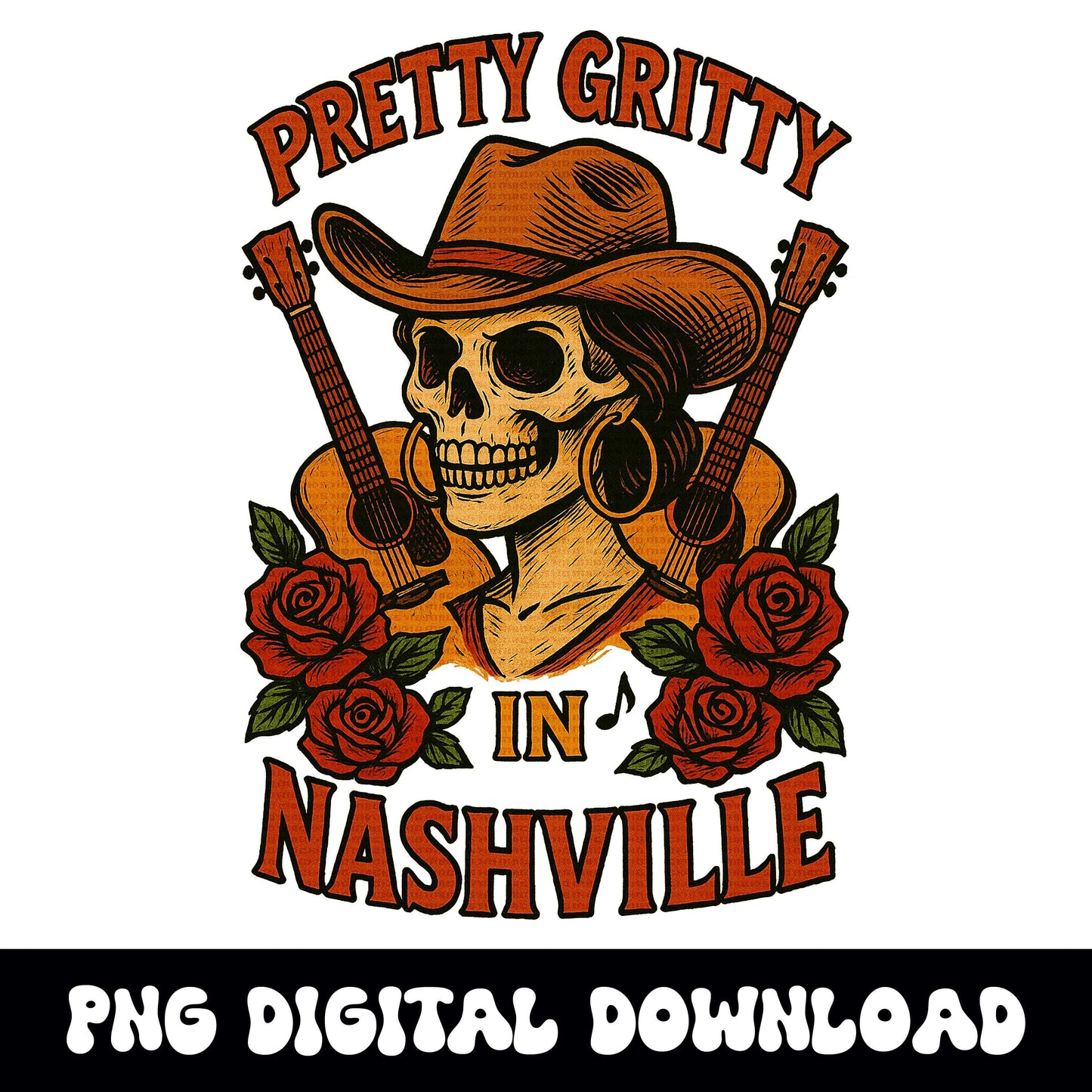 Nashville cowgirl skeleton guitar rose png graphic INSTANT digital download for tshirt sublimation or dtf