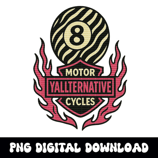Yallternative motor cycles zebra print 8ball flaming PNG graphic INSTANT digital download for tshirt sublimation or dtf