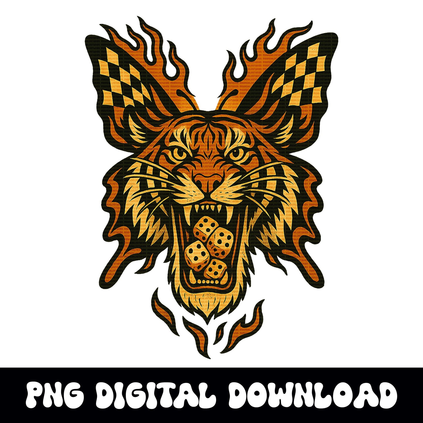 Yallternative edgy flaming butterfly tiger dice PNG graphic INSTANT digital download for tshirt sublimation or dtf