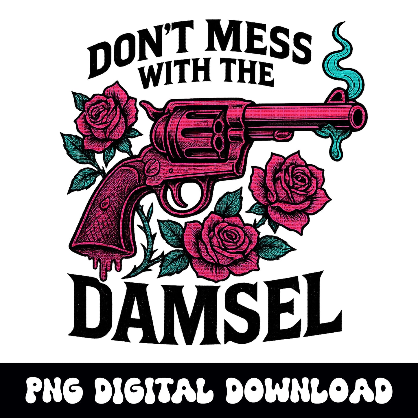 western "dont mess with the damsel" pink revolver and rose graphic png INSTANT digital download for tshirt sublimation or dtf