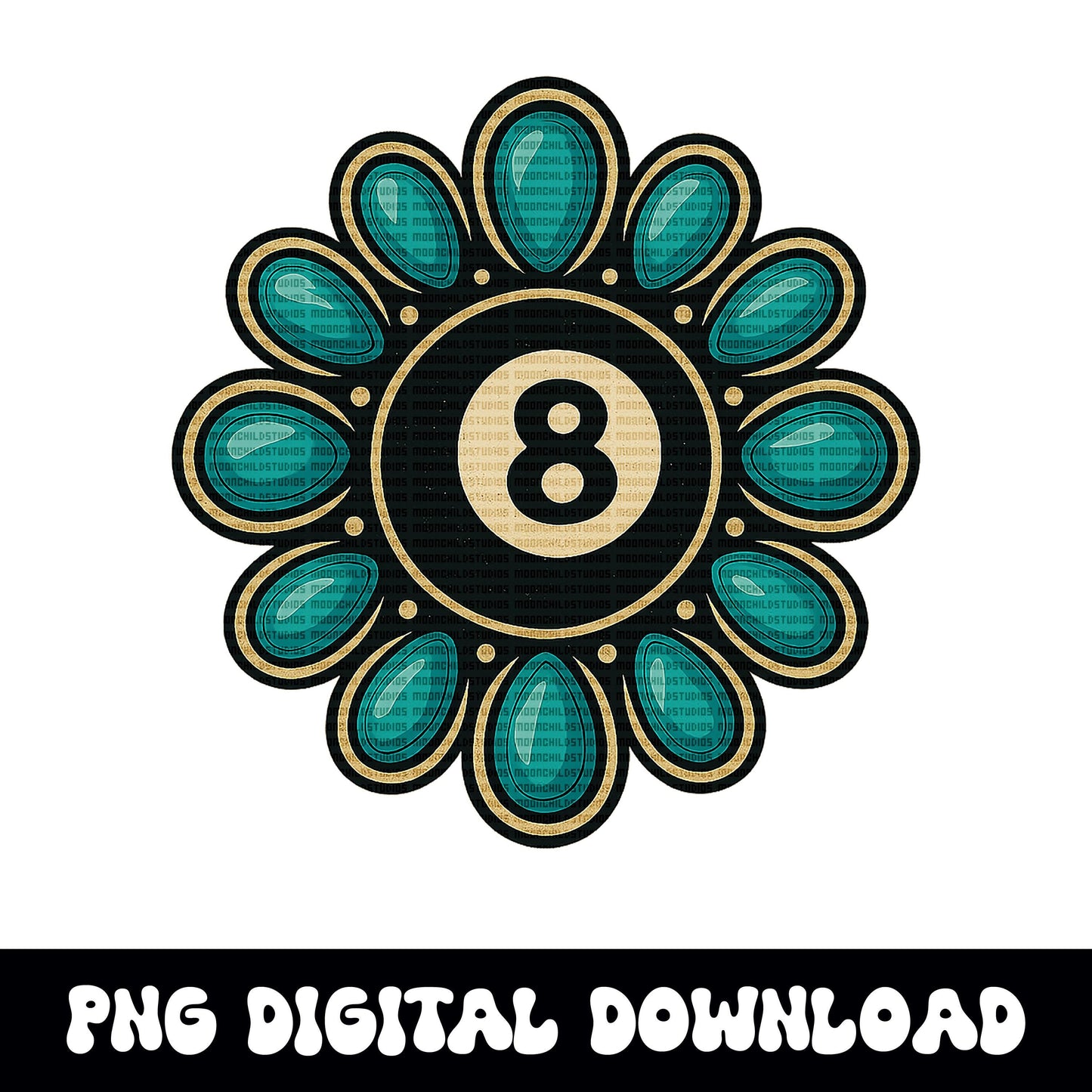 Turquoise 8 Ball Flower PNG | Western Retro Graphic | Sublimation or DTF Digital Download for T-Shirts and Crafts