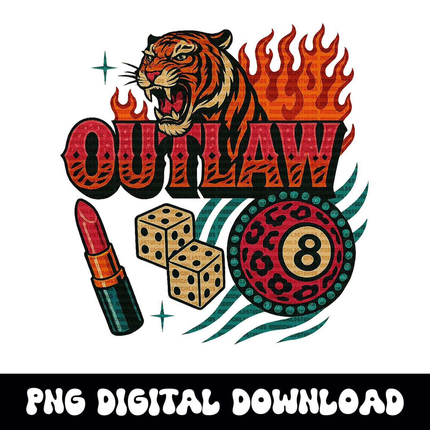 Edgy yallternative outlaw tiger 8ball dice lipstick PNG graphic INSTANT digtial download for tshirt sublimation or dtf